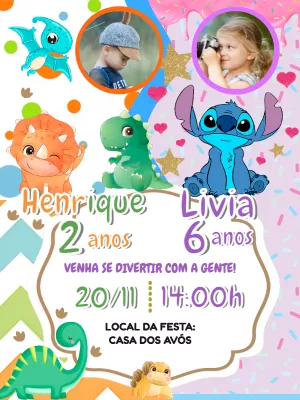Convite Aniversário Duplo Dinossauro e Stitch com Foto para Editar