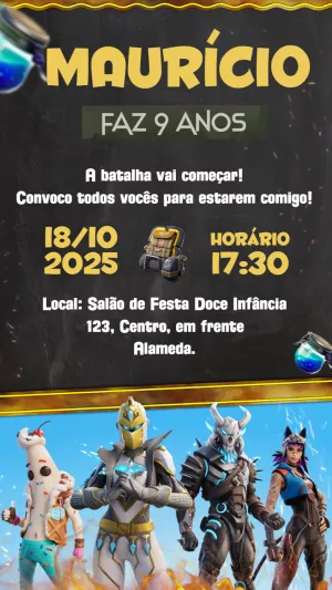 Convite de Aniversário Fortnite com Skins para Editar Online