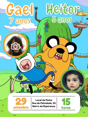 Convite Duplo Hora de Aventura com Foto para Editar Online