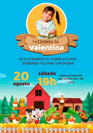 Convite Aniversário Fazendinha com Foto para Editar Online