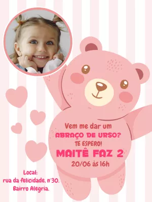 Convite de Aniversário Ursinho Rosa com Foto para Editar Online
