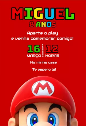 Convite Aniversário Super Mario com Personagem para Editar