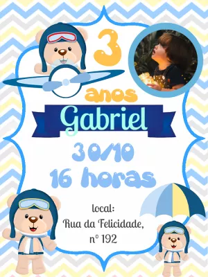 Convite Aniversário Ursinho Aviador com Foto para Editar Online