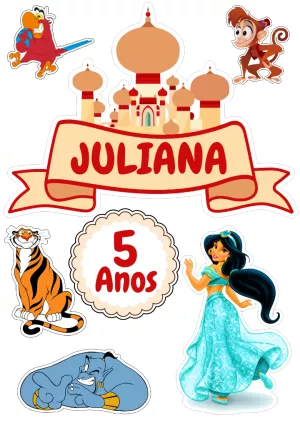 Topo de Bolo Aniversário Jasmine com Personagens para Editar