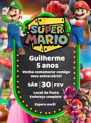 Convite de Aniversário Super Mario com Personagens para Editar