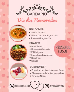 Cardápio Dia dos Namorados Romântico para Editar Online