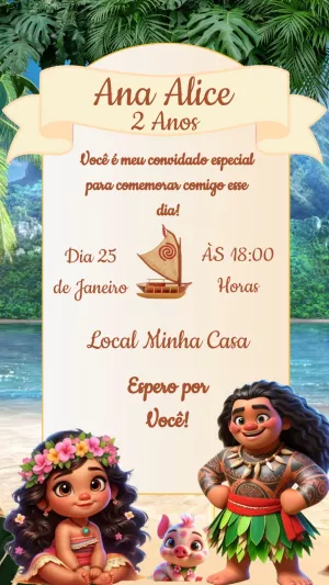 Convite Aniversário Moana Baby para Editar Online