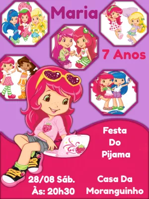 Convite Aniversário Festa do Pijama Moranguinho para Editar