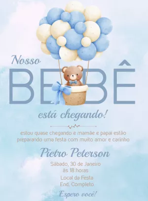 Convite Chá de Bebê Ursinho Baloeiro para Editar Online