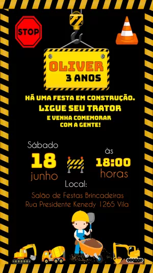 Convite de Aniversário Construção Editável com Tratores