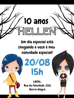 Convite de Aniversário Coraline Editável para Enviar Online