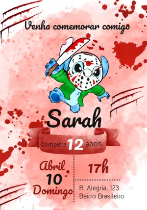 Convite Aniversário Stitch Jason Halloween para Editar Online