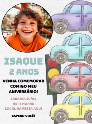 Convite Aniversário de Carros com Foto para Editar Online
