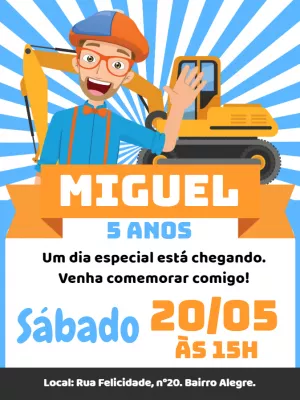 Convite de Aniversário Blippi com Trator para Editar Online