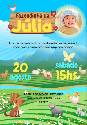 Convite Aniversário Fazendinha com Foto para Editar Online