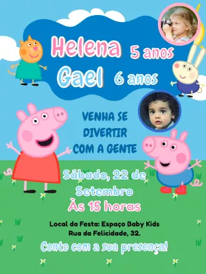 Convite Aniversário Duplo Peppa Pig com Foto para Editar