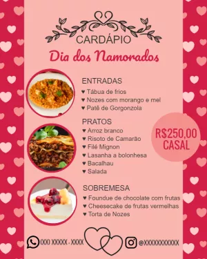 Cardápio Dia dos Namorados Romântico para Editar Online