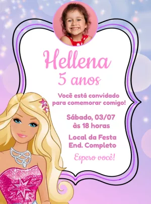Convite Aniversário Barbie com Foto para Editar Online