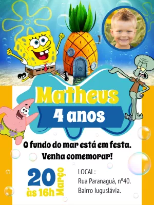 Convite Aniversário Bob Esponja com Foto para Editar Online