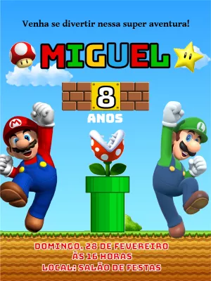 Convite Aniversário Super Mario com Mario e Luigi para Editar