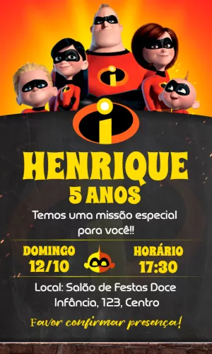 Convite de Aniversário Os Incríveis para Editar Online