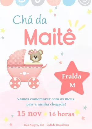 Convite Chá de Bebê Ursinha Rosa no Carrinho para Editar