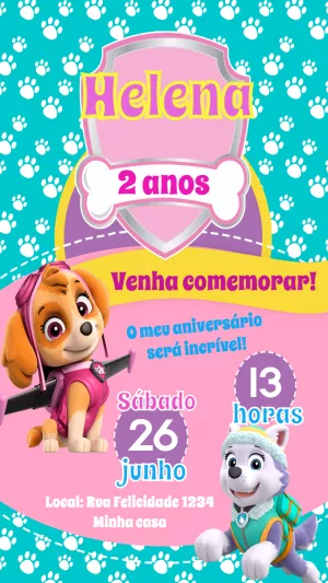 Convite Aniversário Patrulha Canina Skye e Everest para Editar