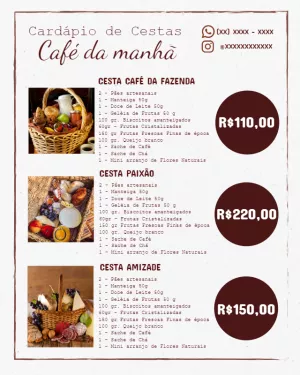 Cardápio de Cesta de Café da Manhã Rústico para Editar