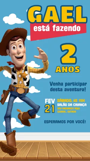 Convite de Aniversário Toy Story com Woody para Editar Online