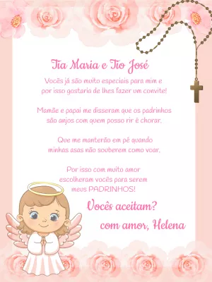 Convite Editável para Padrinhos de Batismo com Anjinha Rosa