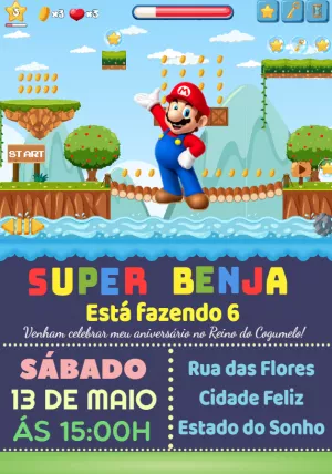 Convite de Aniversário Super Mario Cenário de Jogo para Editar