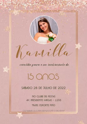 Convite de 15 Anos Rosa Glitter com Foto para Editar Online