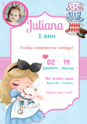 Convite Aniversário Alice no País das Maravilhas com Foto para Editar
