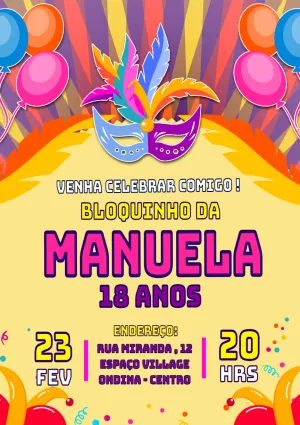 Convite de Aniversário Carnaval com Máscara para Editar Online