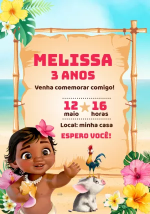 Convite Aniversário Moana Baby para Editar e Imprimir