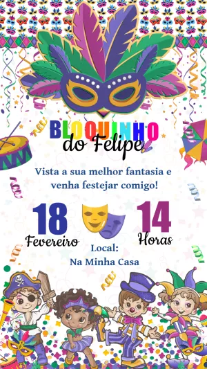 Convite de Aniversário Carnaval com Crianças para Editar Online