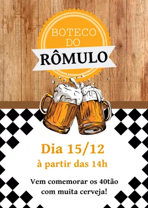 Convite Aniversário Boteco com Cerveja para Editar Online