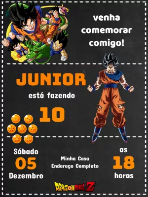 Convite Aniversário Dragon Ball Z com Goku e Amigos para Editar