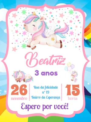 Convite de Aniversário Unicórnio Fofo para Editar Online