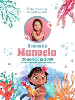 Convite Aniversário Moana Baby com Foto para Editar Online