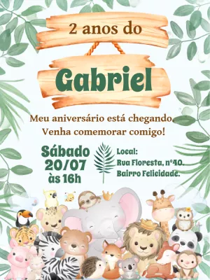 Convite Aniversário Safari com Animais Fofos para Editar Online