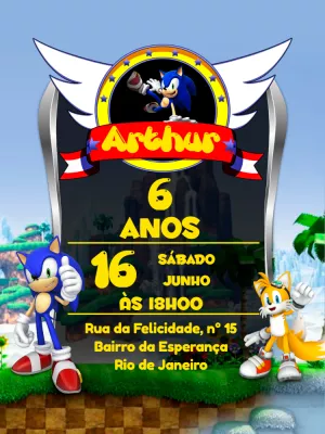 Convite de Aniversário Sonic e sua Turma para Editar Online