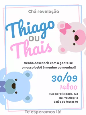 Convite Chá Revelação Ursinhos para Editar Online