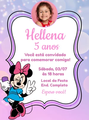 Convite Aniversário Minnie Mouse com Foto para Editar Online