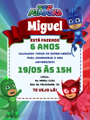 Convite Aniversário Pj Masks com Heróis para Editar Online