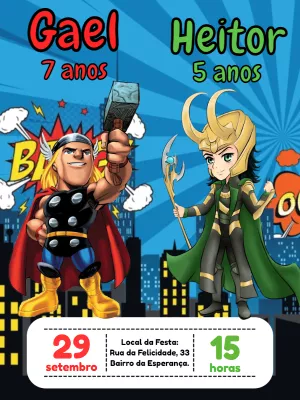 Convite Aniversário Duplo Thor e Loki para Editar Online