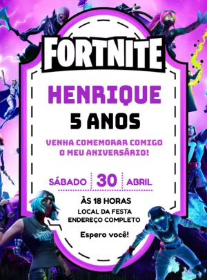 Convite de Aniversário Fortnite com Personagens para Editar Online