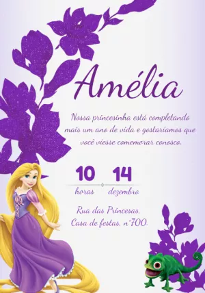 Convite Aniversário Rapunzel Editável Online para Imprimir