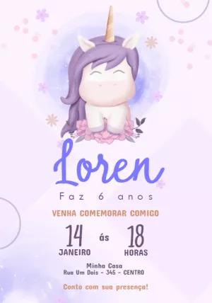 Convite de Aniversário Unicórnio Fofo para Editar Online