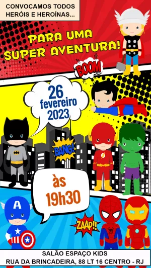 Convite Aniversário Heróis Fofos para Editar Online